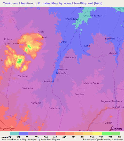 Yankuzau,Nigeria Elevation Map