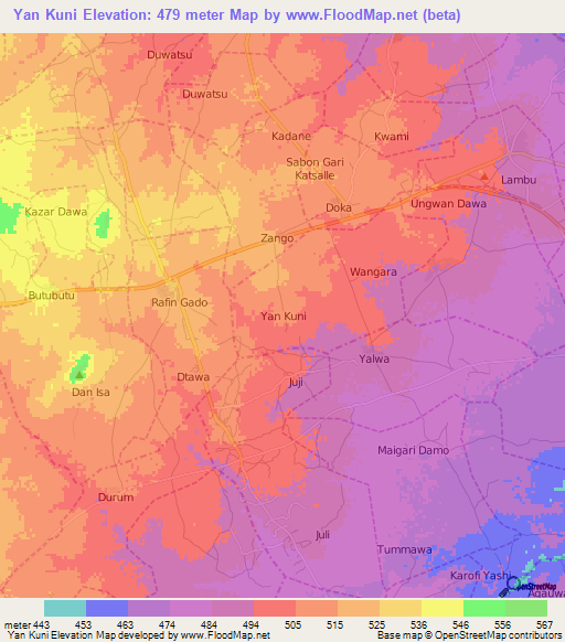 Yan Kuni,Nigeria Elevation Map
