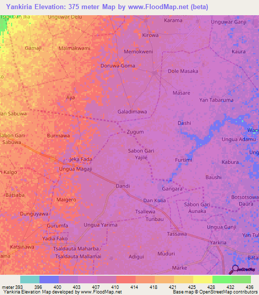 Yankiria,Nigeria Elevation Map