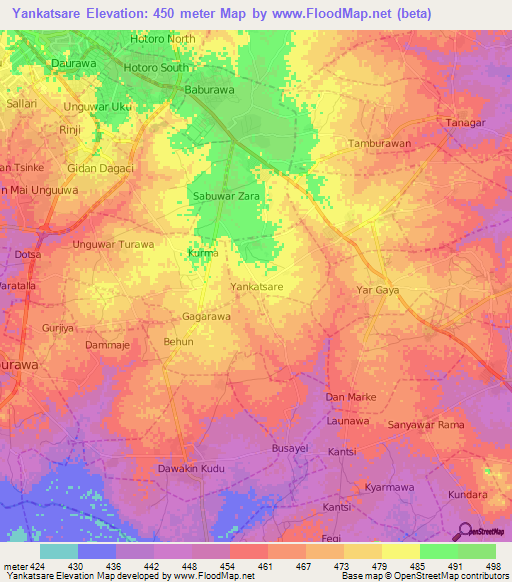 Yankatsare,Nigeria Elevation Map