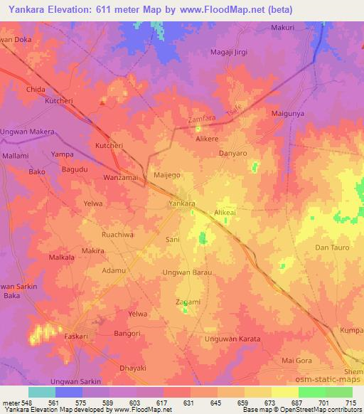 Yankara,Nigeria Elevation Map