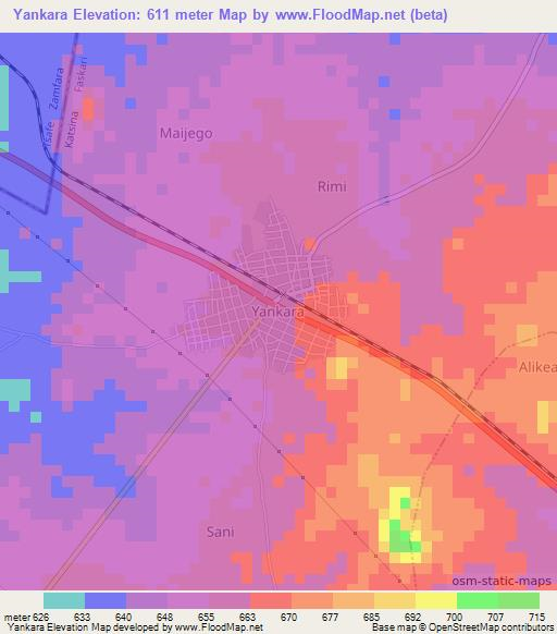 Yankara,Nigeria Elevation Map