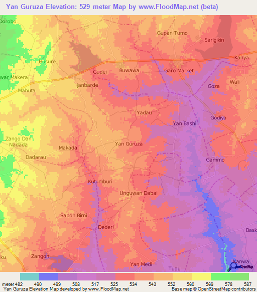 Yan Guruza,Nigeria Elevation Map