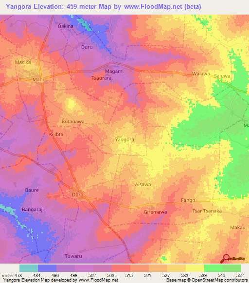 Yangora,Nigeria Elevation Map