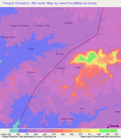 Yangoji,Nigeria Elevation Map