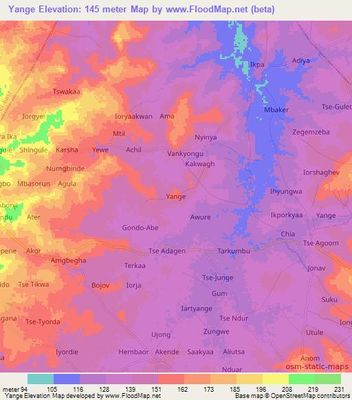 Yange,Nigeria Elevation Map