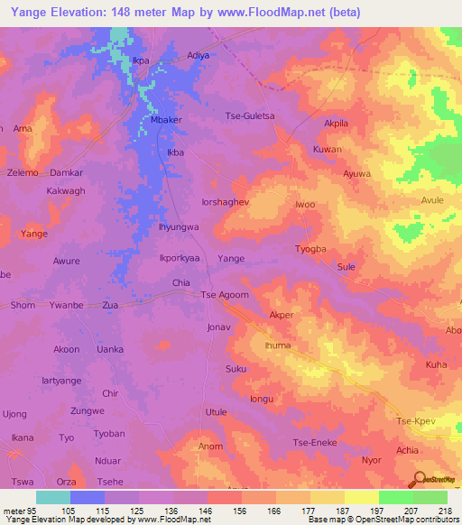 Yange,Nigeria Elevation Map