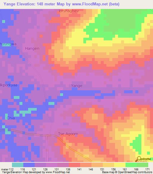 Yange,Nigeria Elevation Map