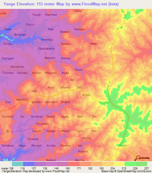 Yange,Nigeria Elevation Map