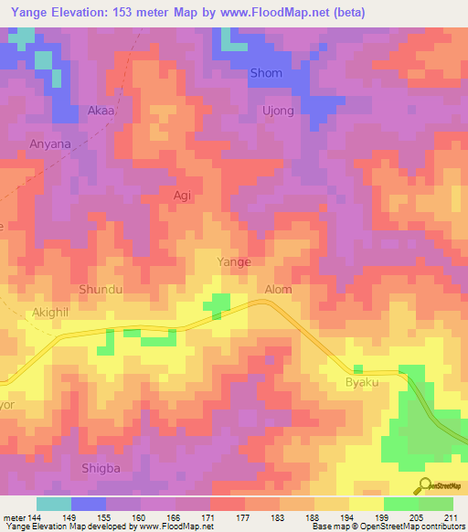 Yange,Nigeria Elevation Map