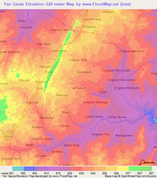 Yan Gauta,Nigeria Elevation Map