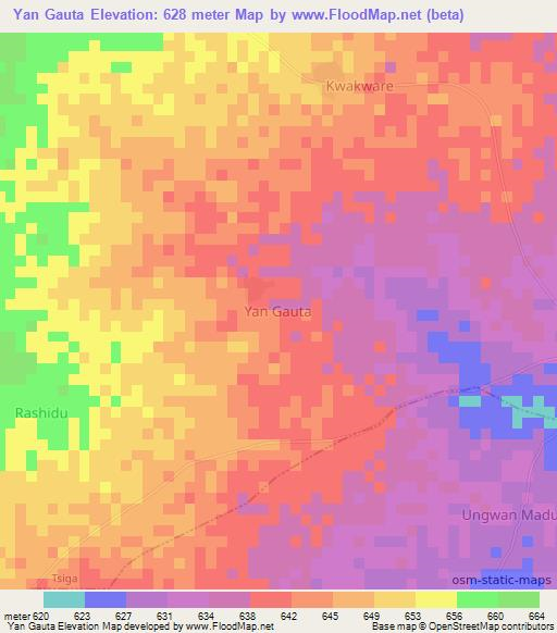 Yan Gauta,Nigeria Elevation Map