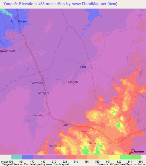 Yangafe,Nigeria Elevation Map