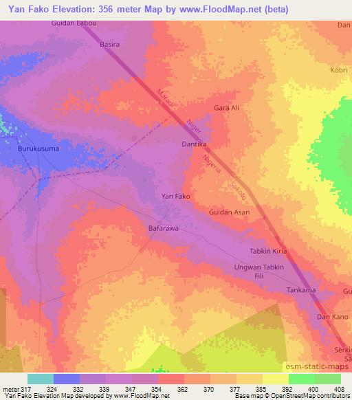 Yan Fako,Nigeria Elevation Map