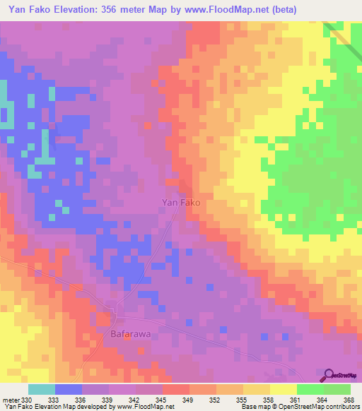 Yan Fako,Nigeria Elevation Map