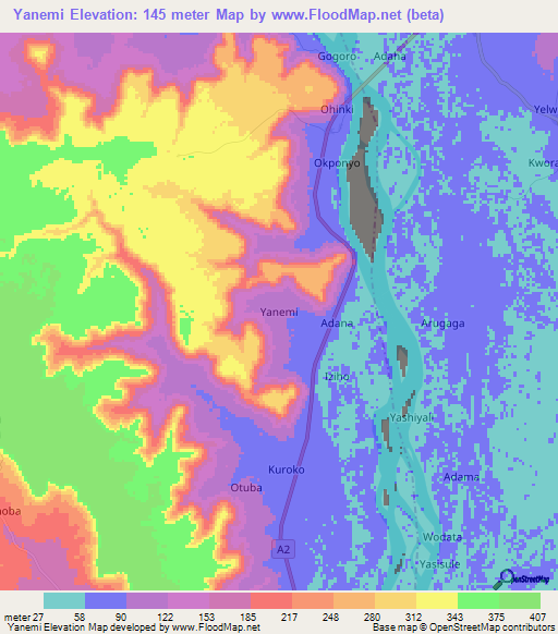 Yanemi,Nigeria Elevation Map