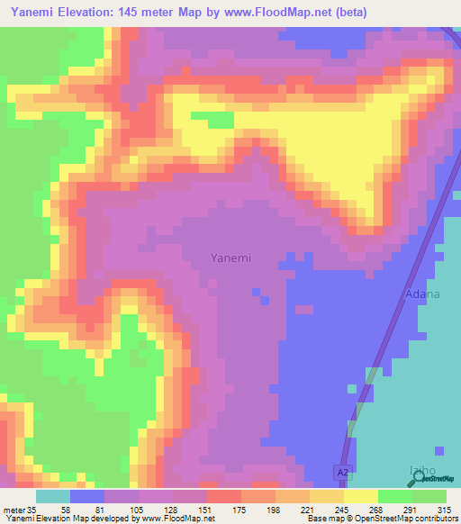 Yanemi,Nigeria Elevation Map