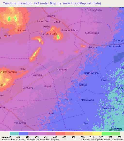Yanduna,Nigeria Elevation Map