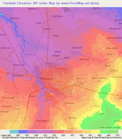 Yandiski,Nigeria Elevation Map