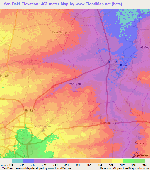 Yan Daki,Nigeria Elevation Map