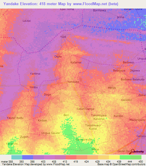 Yandake,Nigeria Elevation Map