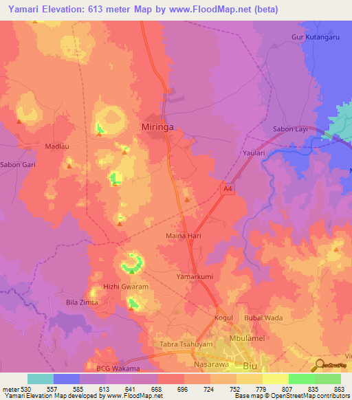 Yamari,Nigeria Elevation Map