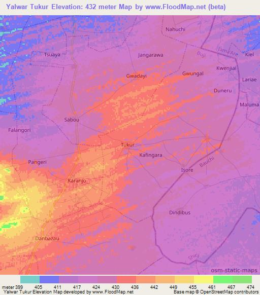 Yalwar Tukur,Nigeria Elevation Map