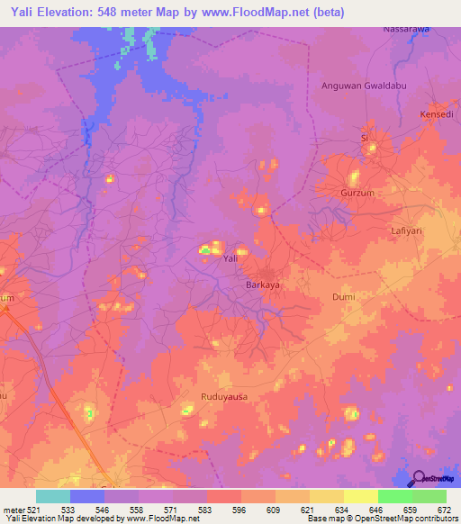 Yali,Nigeria Elevation Map