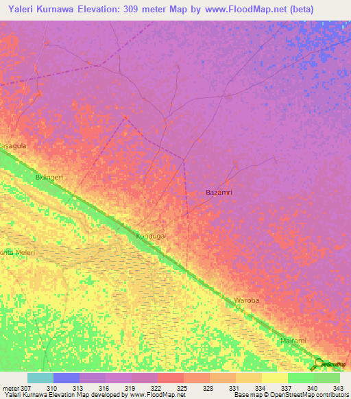 Yaleri Kurnawa,Nigeria Elevation Map