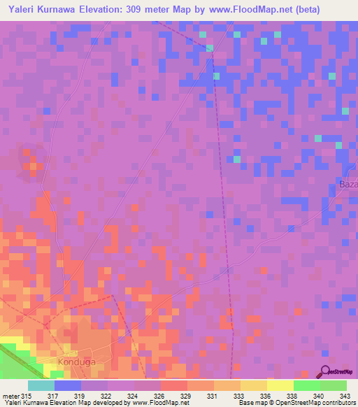 Yaleri Kurnawa,Nigeria Elevation Map