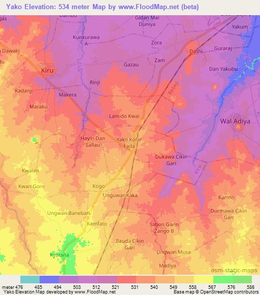 Yako,Nigeria Elevation Map