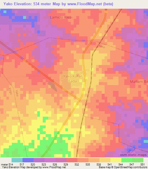 Yako,Nigeria Elevation Map