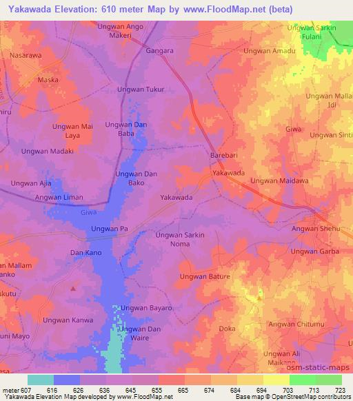 Yakawada,Nigeria Elevation Map