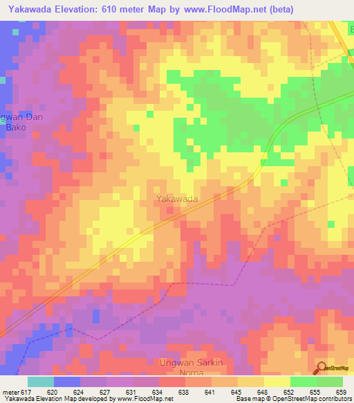 Yakawada,Nigeria Elevation Map