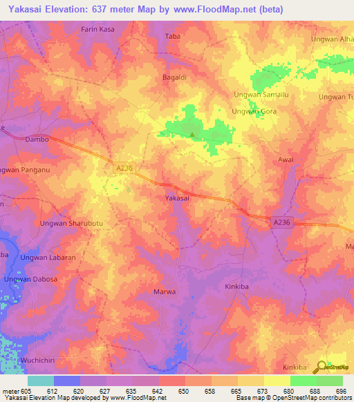 Yakasai,Nigeria Elevation Map