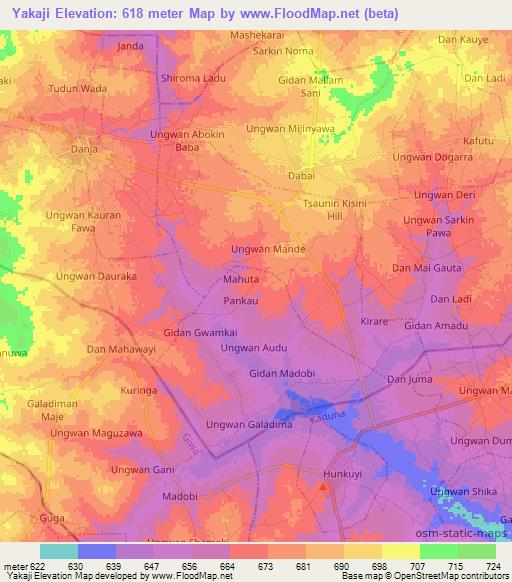 Yakaji,Nigeria Elevation Map