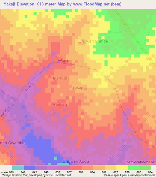 Yakaji,Nigeria Elevation Map