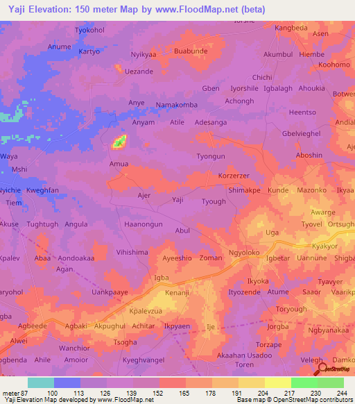 Yaji,Nigeria Elevation Map