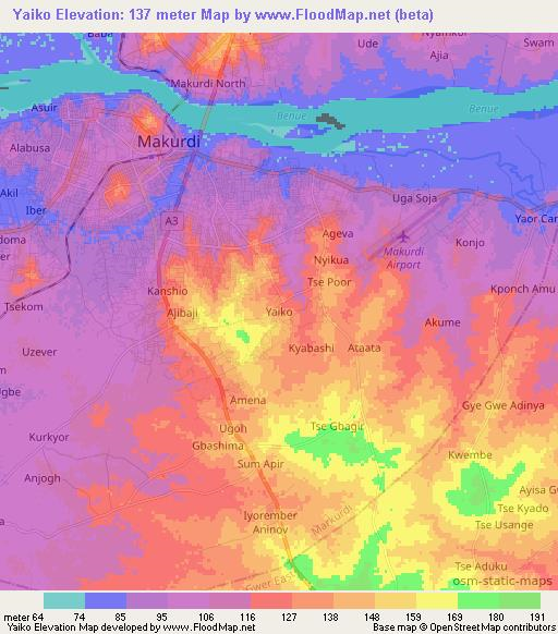 Yaiko,Nigeria Elevation Map