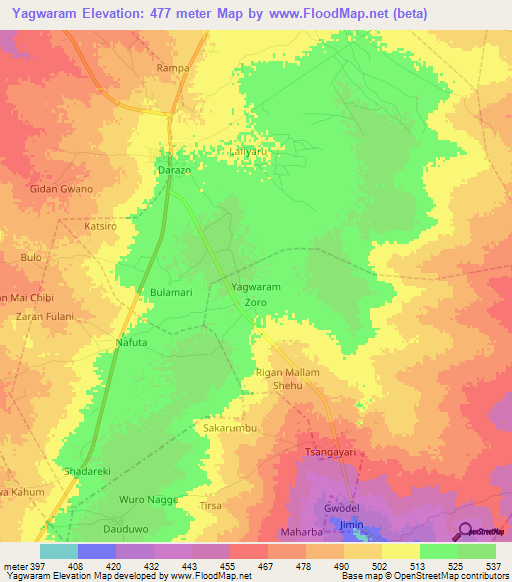 Yagwaram,Nigeria Elevation Map