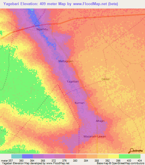 Yagebari,Nigeria Elevation Map