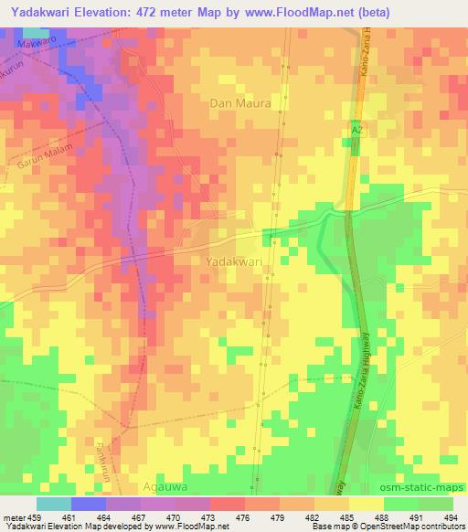 Yadakwari,Nigeria Elevation Map