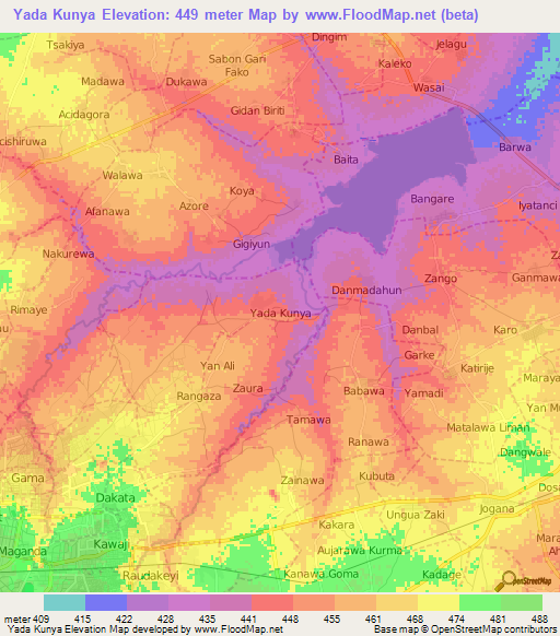 Yada Kunya,Nigeria Elevation Map