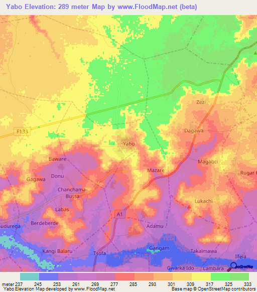 Yabo,Nigeria Elevation Map