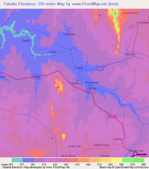 Yabaka,Nigeria Elevation Map