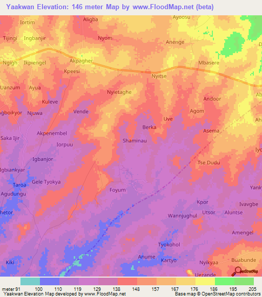 Yaakwan,Nigeria Elevation Map