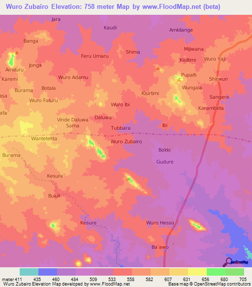 Wuro Zubairo,Nigeria Elevation Map