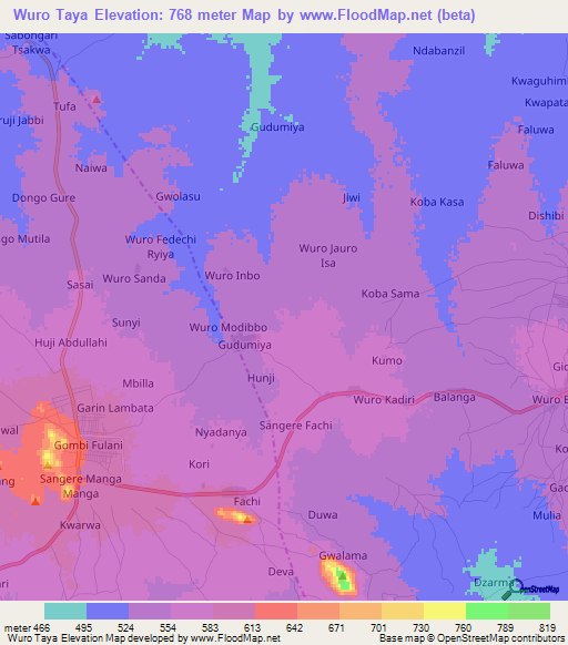 Wuro Taya,Nigeria Elevation Map