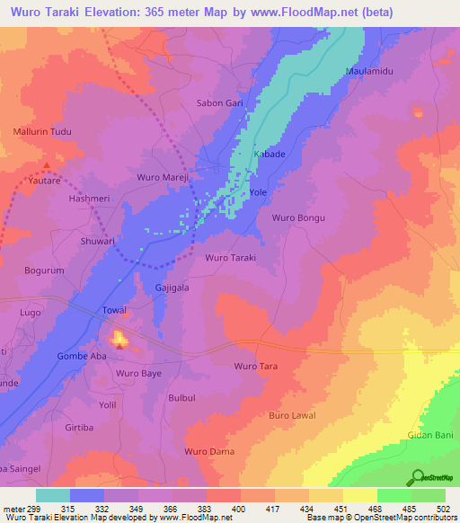 Wuro Taraki,Nigeria Elevation Map