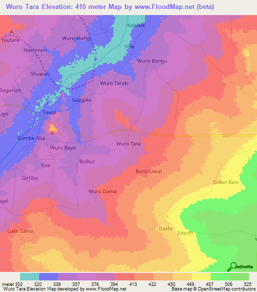 Wuro Tara,Nigeria Elevation Map